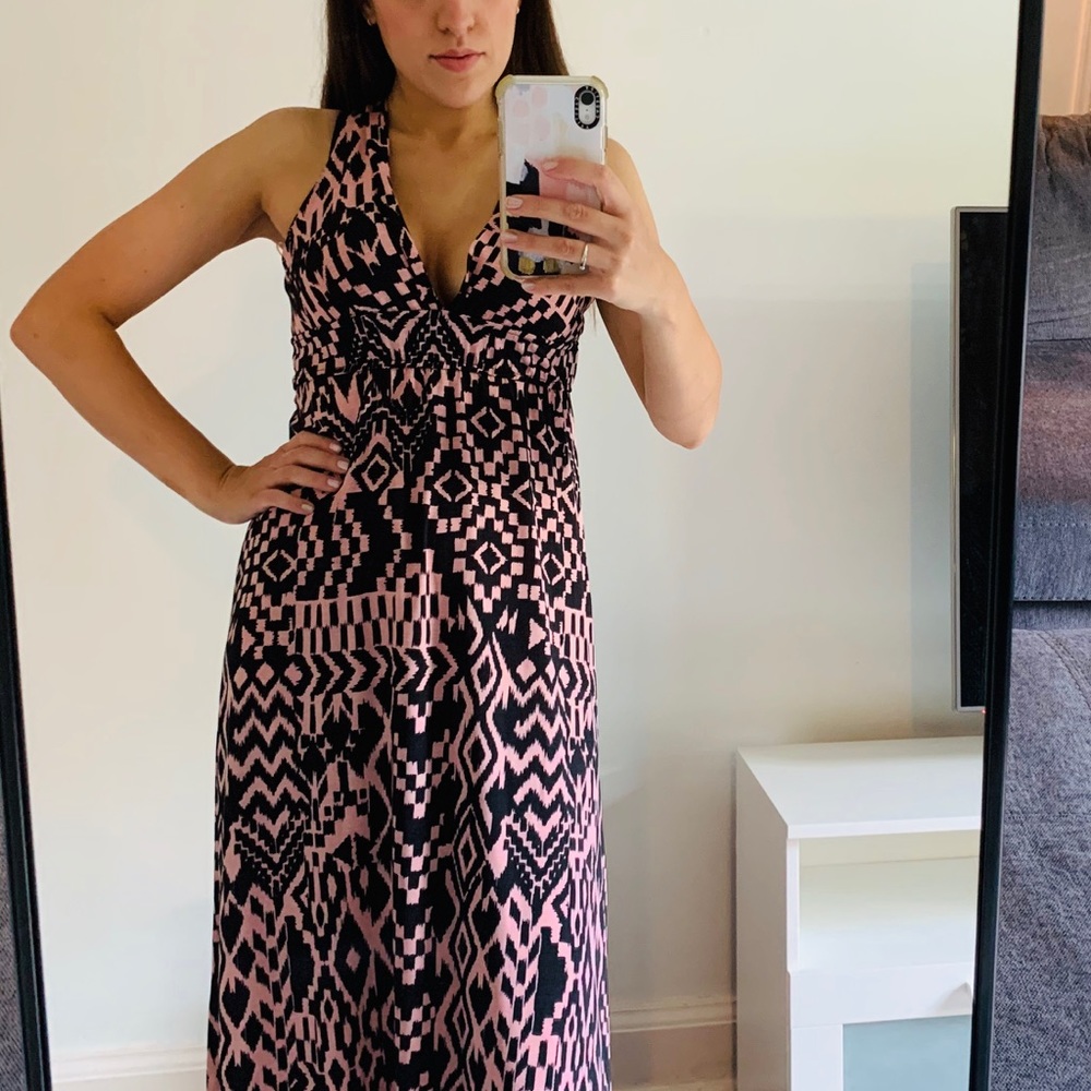 Geometric Print Pink and Black Maxi Dress